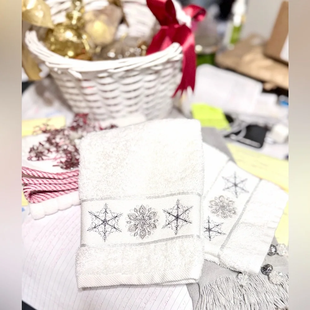 Winter Dreams White Hand Towels with Silver Embroidered Snowflake Made in Turkey